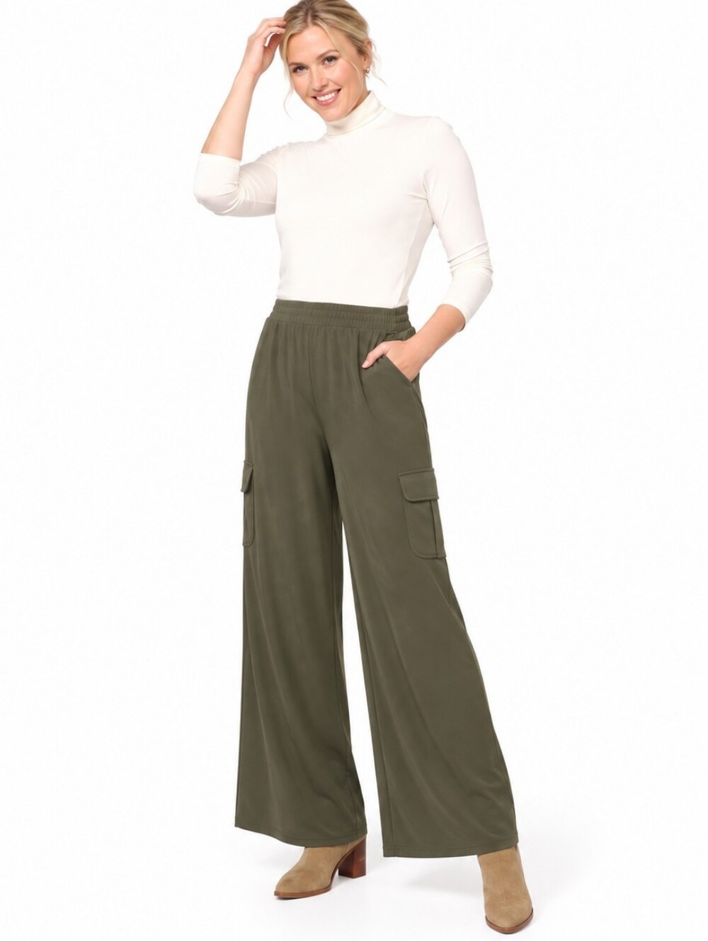 Attitudes by Renee XL Olive Green Wide Leg Cargo Pants Pull On Stretch Pockets
